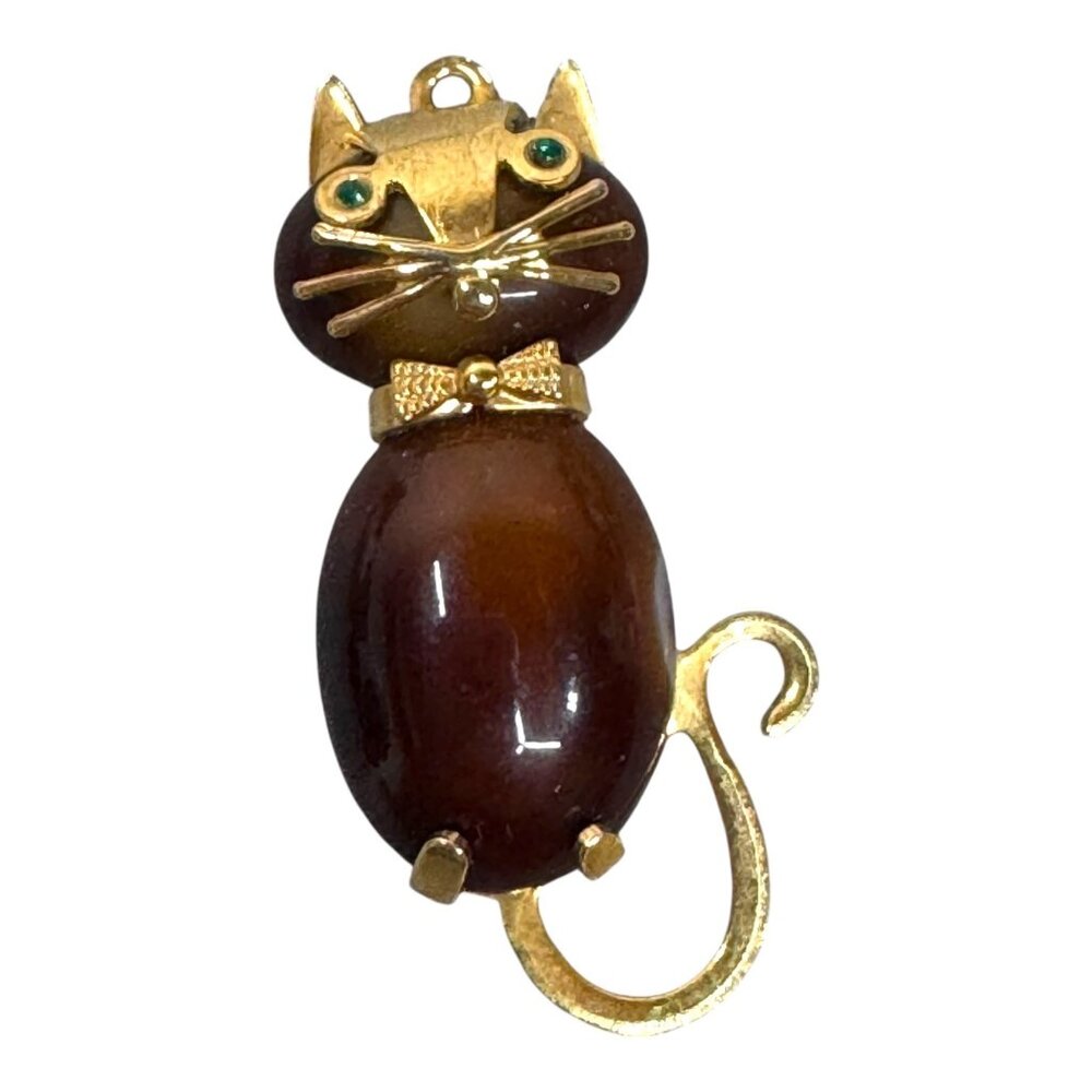 VTG Signed Gold Hobco House of Borvani Tiger Eye Cabochon green eyes Cat pendant